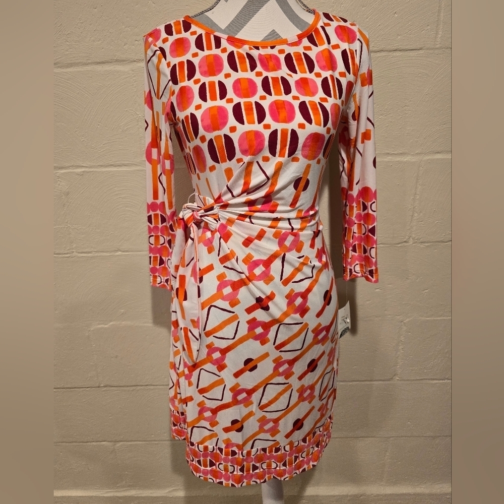 Donna Morgan printed jersey tie waist dress in retro geometric multicolor Sz 2.